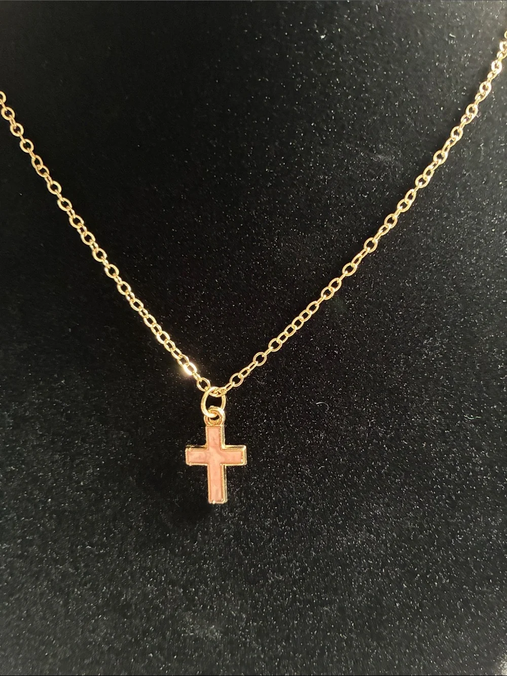 Gold Cross Pendant Necklace - Pink Enamel Accent